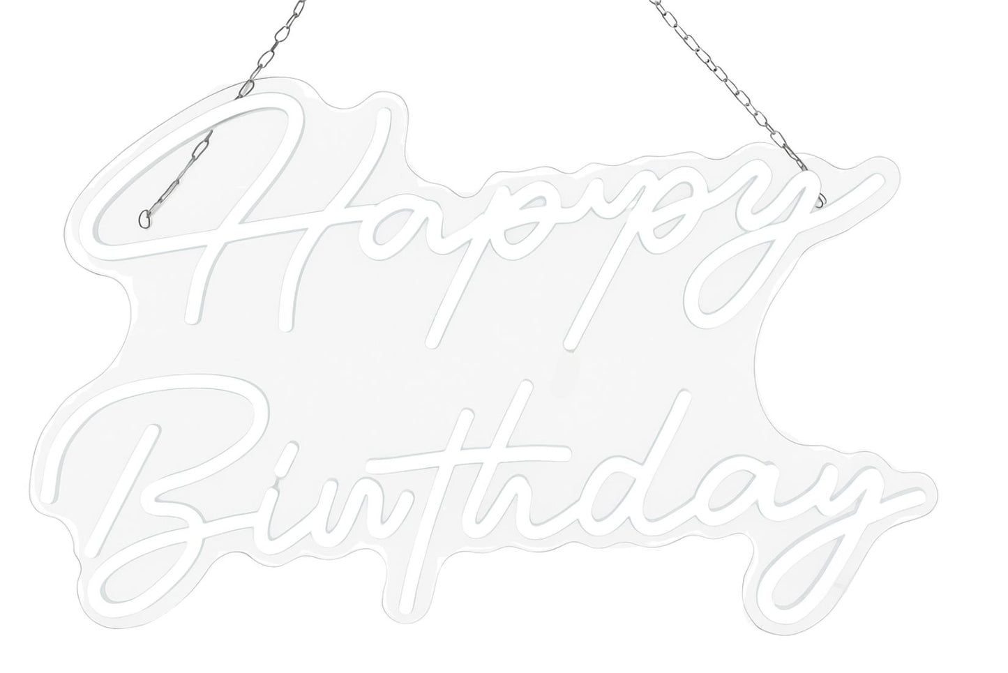 Neon large 'Happy Birthday' sign with a chain to hang on backdrop avalable for rent.