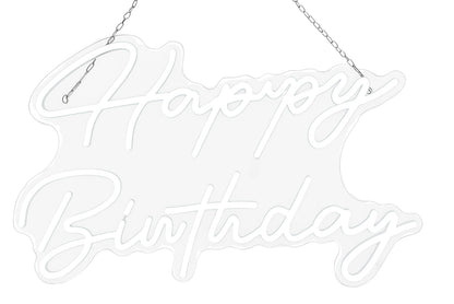 Neon large 'Happy Birthday' sign with a chain to hang on backdrop avalable for rent.