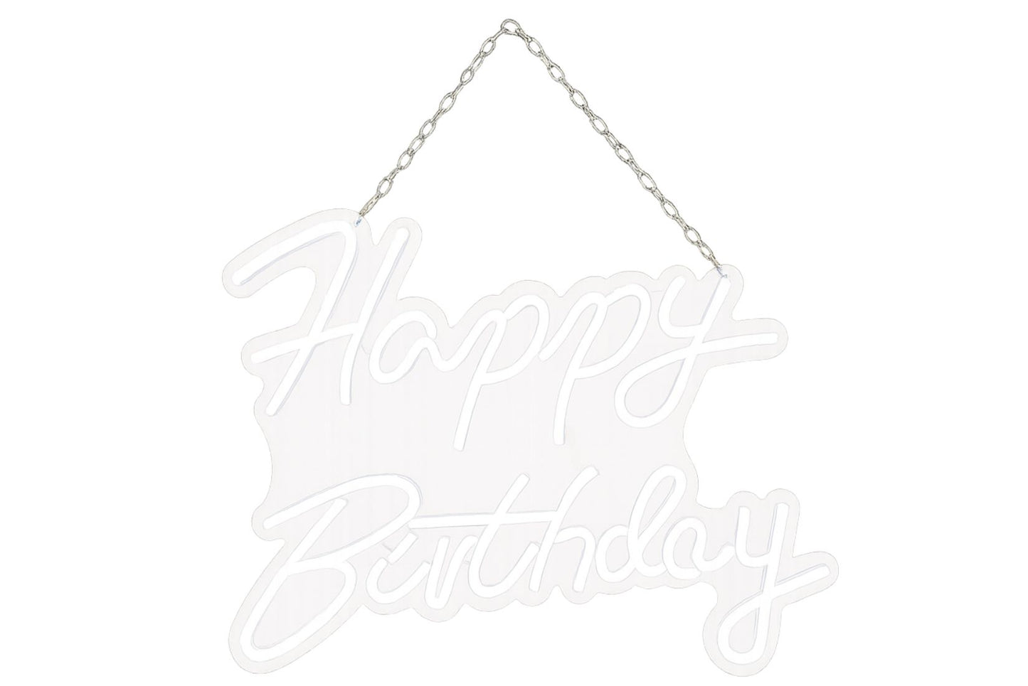 Decorative 'Happy Birthday' neon sign for rent in maryland with a chain on a white background