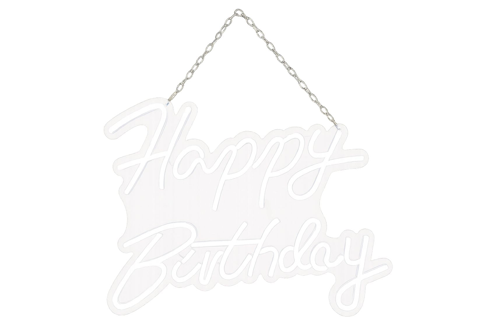 Decorative 'Happy Birthday' neon sign for rent in maryland with a chain on a white background