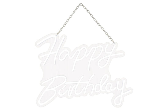 Decorative 'Happy Birthday' neon sign for rent in maryland with a chain on a white background