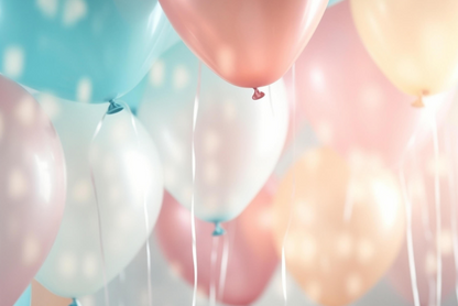 Pink blue and yellow helium filled balloons