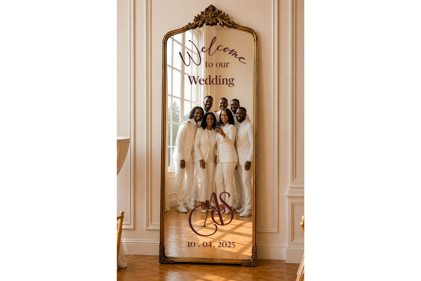 Bronze gold ornate selfie mirror with personalized monogram for wedding.