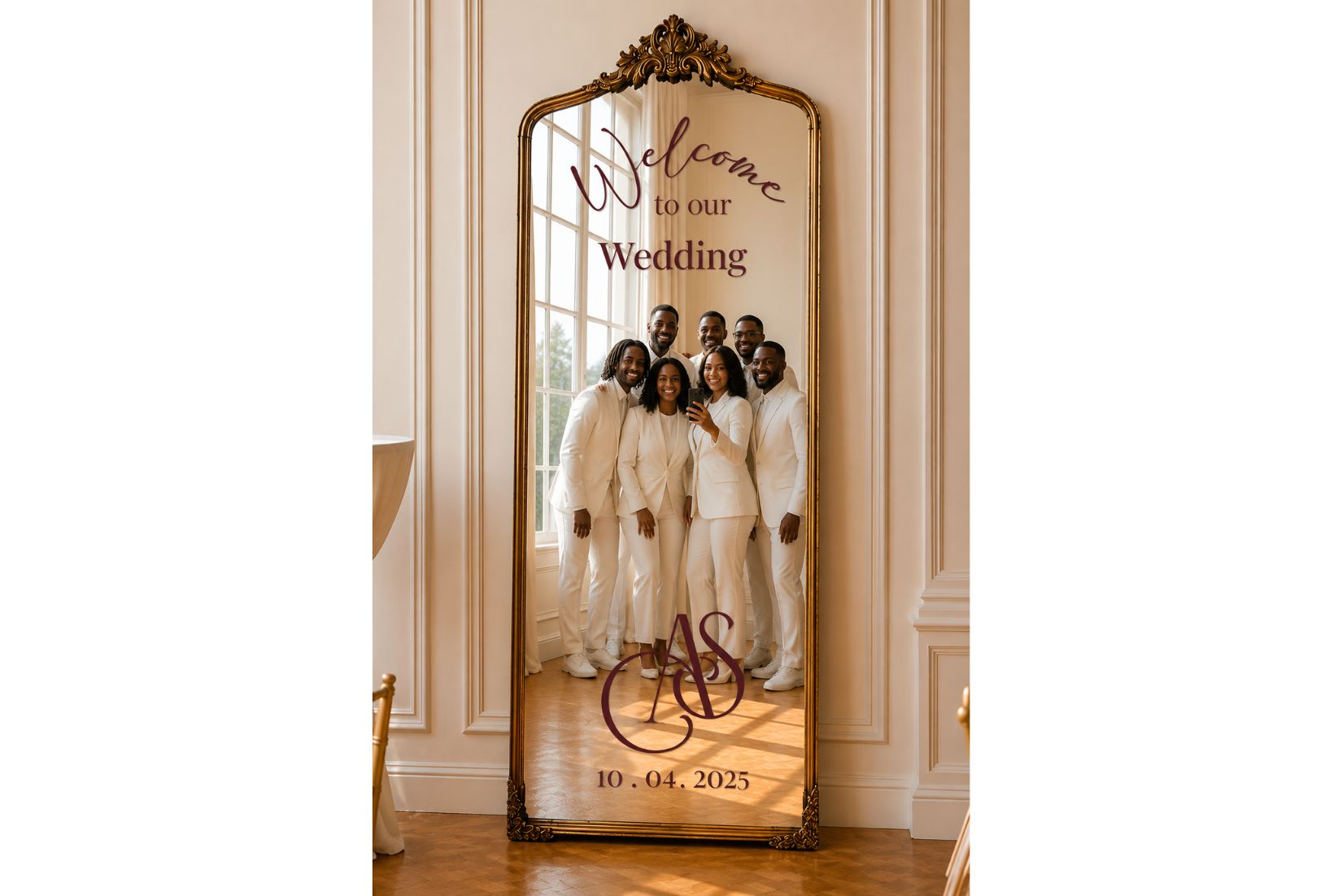 Bronze gold ornate selfie mirror with personalized monogram for wedding.