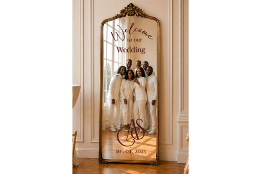 Bronze gold ornate selfie mirror with personalized monogram for wedding.