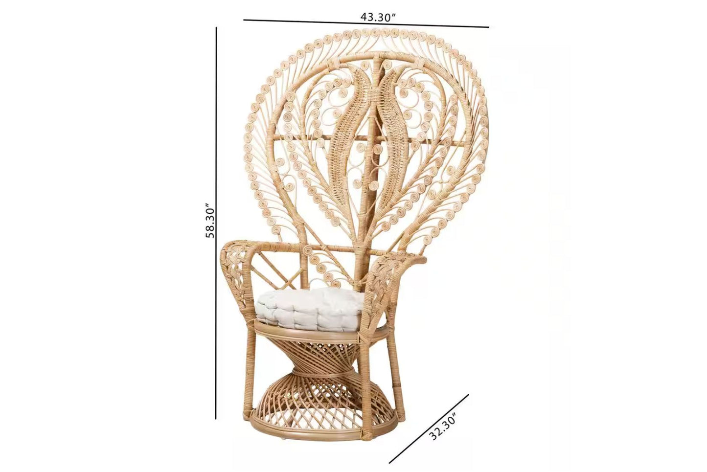 Wicker chair with white cushion and dimension info for party rental client.