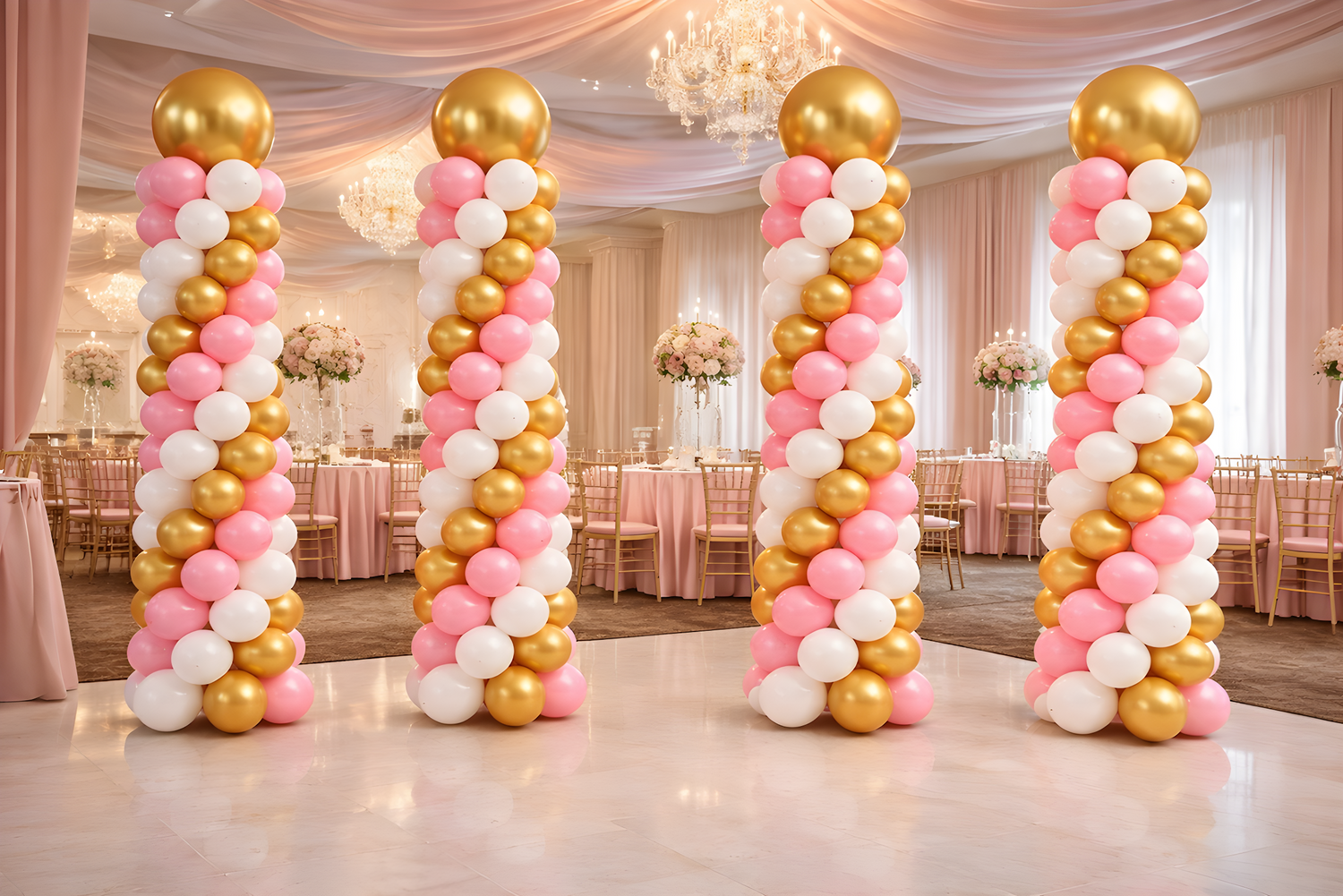 Decorative balloon columns in pink, gold, and white at a sweet sixteen party.