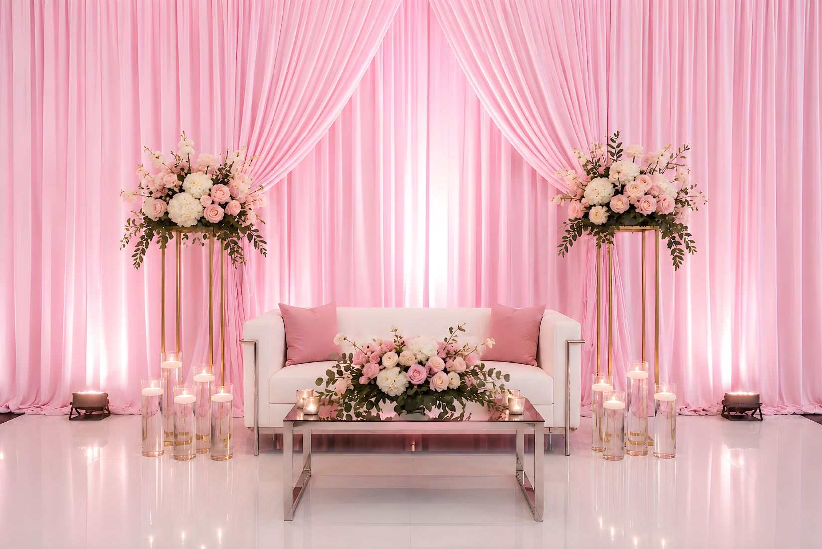 Pink pipe and drape with flowers , candles and uplighting.