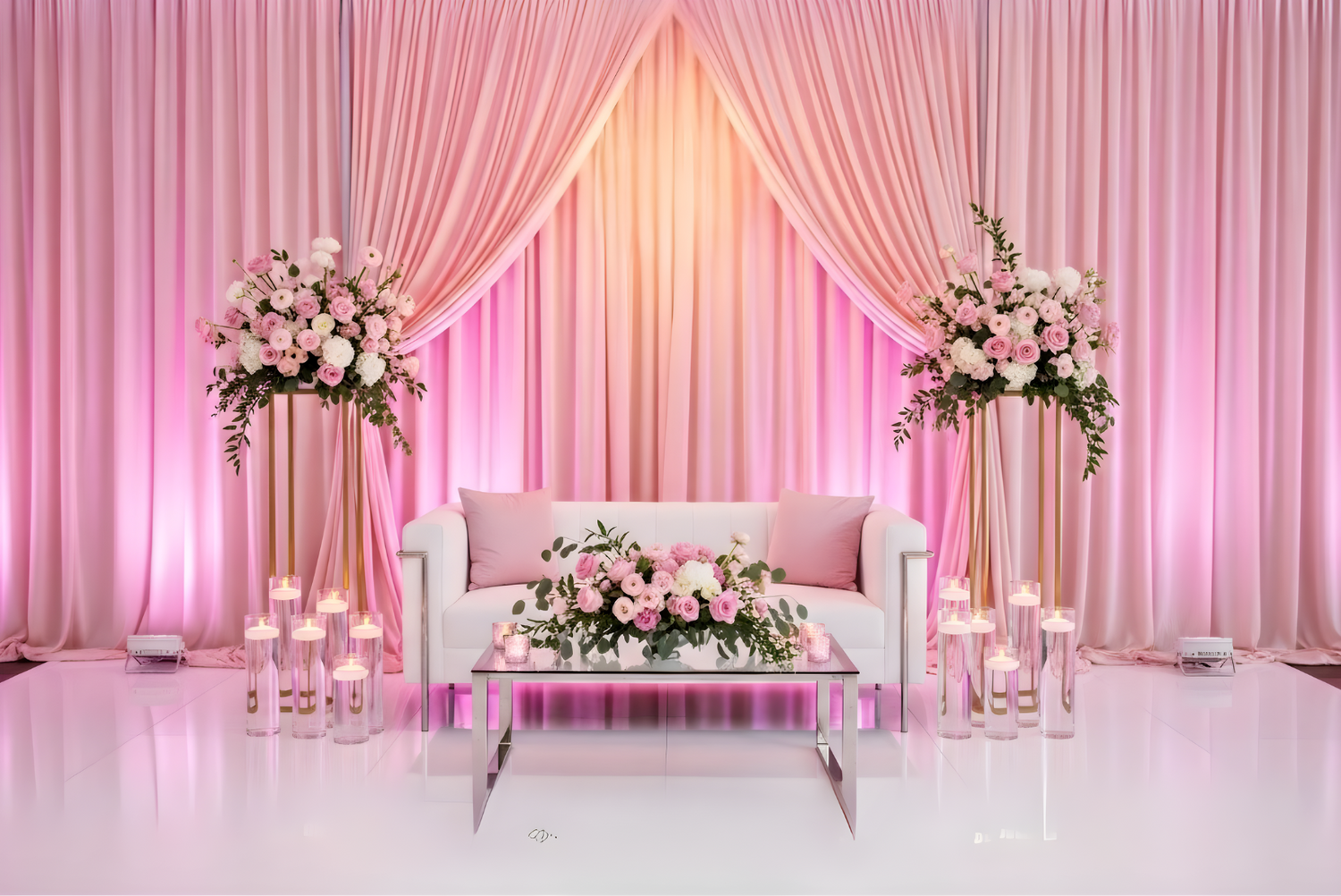 pipe and drape backdrop with pink uplighting and floating candle cylinders.