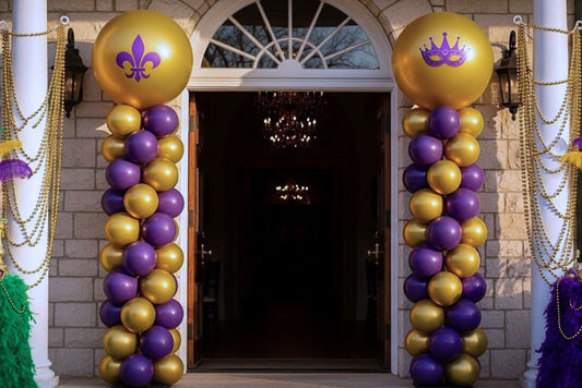 Mardi Grais style 10 foot balloon columns in purple and gold.