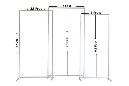 Silver 3 piece rectangle arch frames with sizes on a white background.