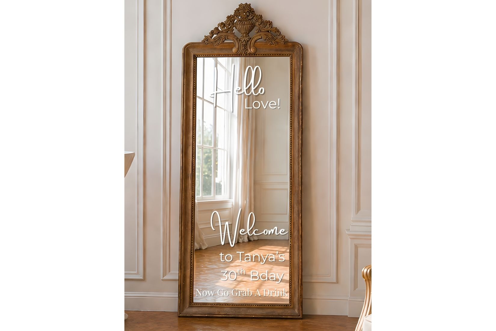 Luxury highend wood mirror with custom text for birthday celebration