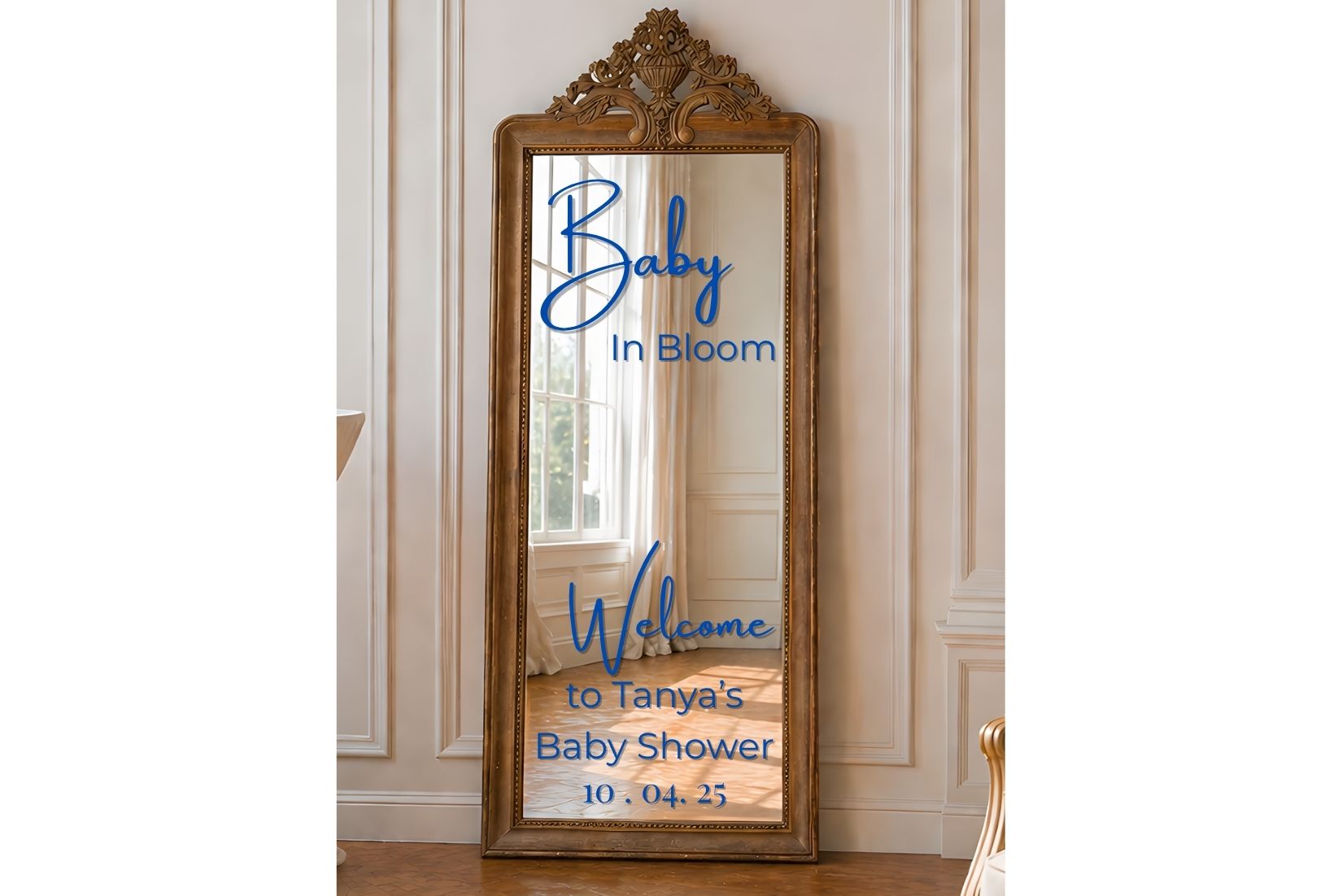 Welcome selfie mirror with baby in bloom vinyl for baby shower.