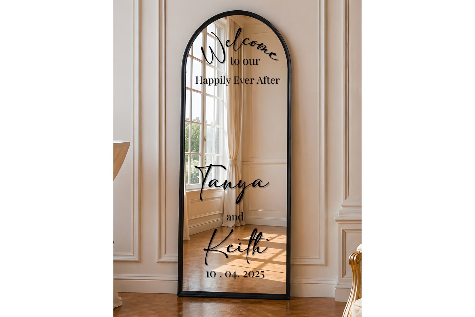 Decorative mirror available for rent with personalized text in a room setting