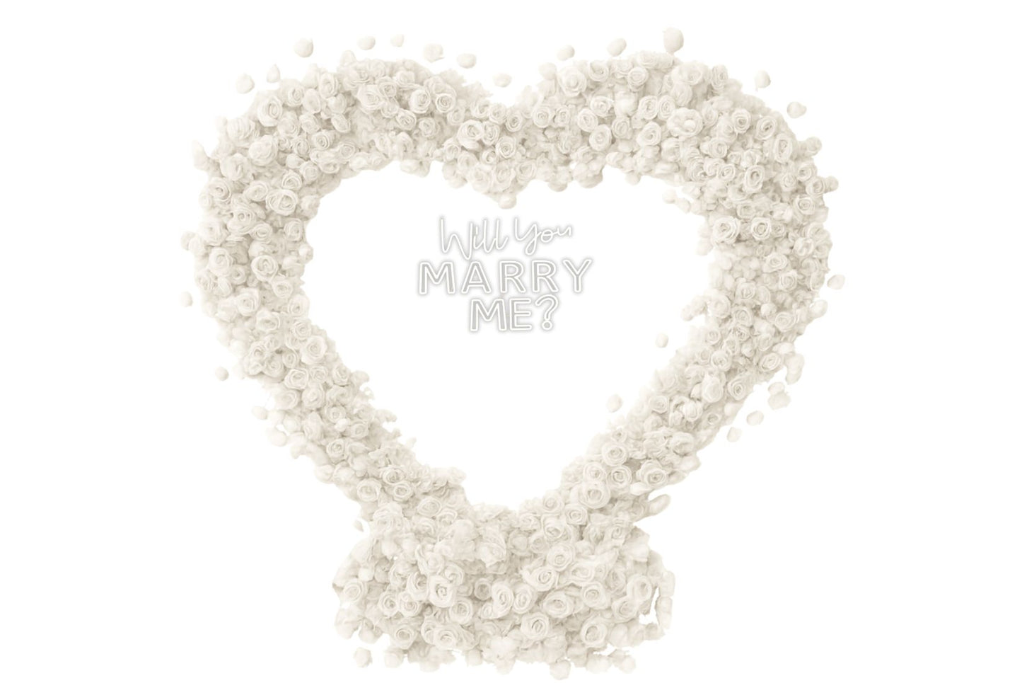 Heart-shaped arrangement of white flowers with small 'Will you marry me?' neon sign.