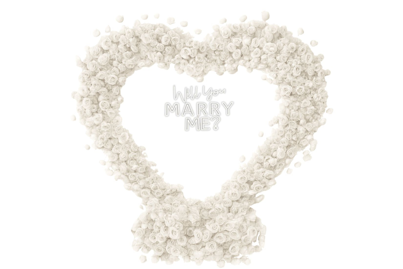 Heart-shaped arrangement of white flowers with small 'Will you marry me?' neon sign.