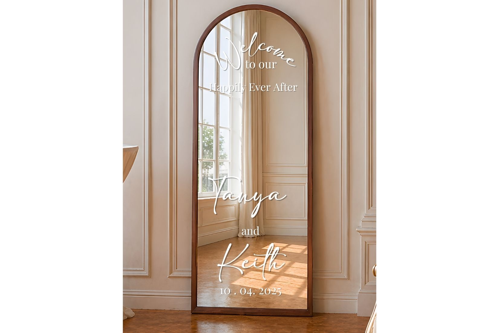 Brown framed mirror with personalized text.
