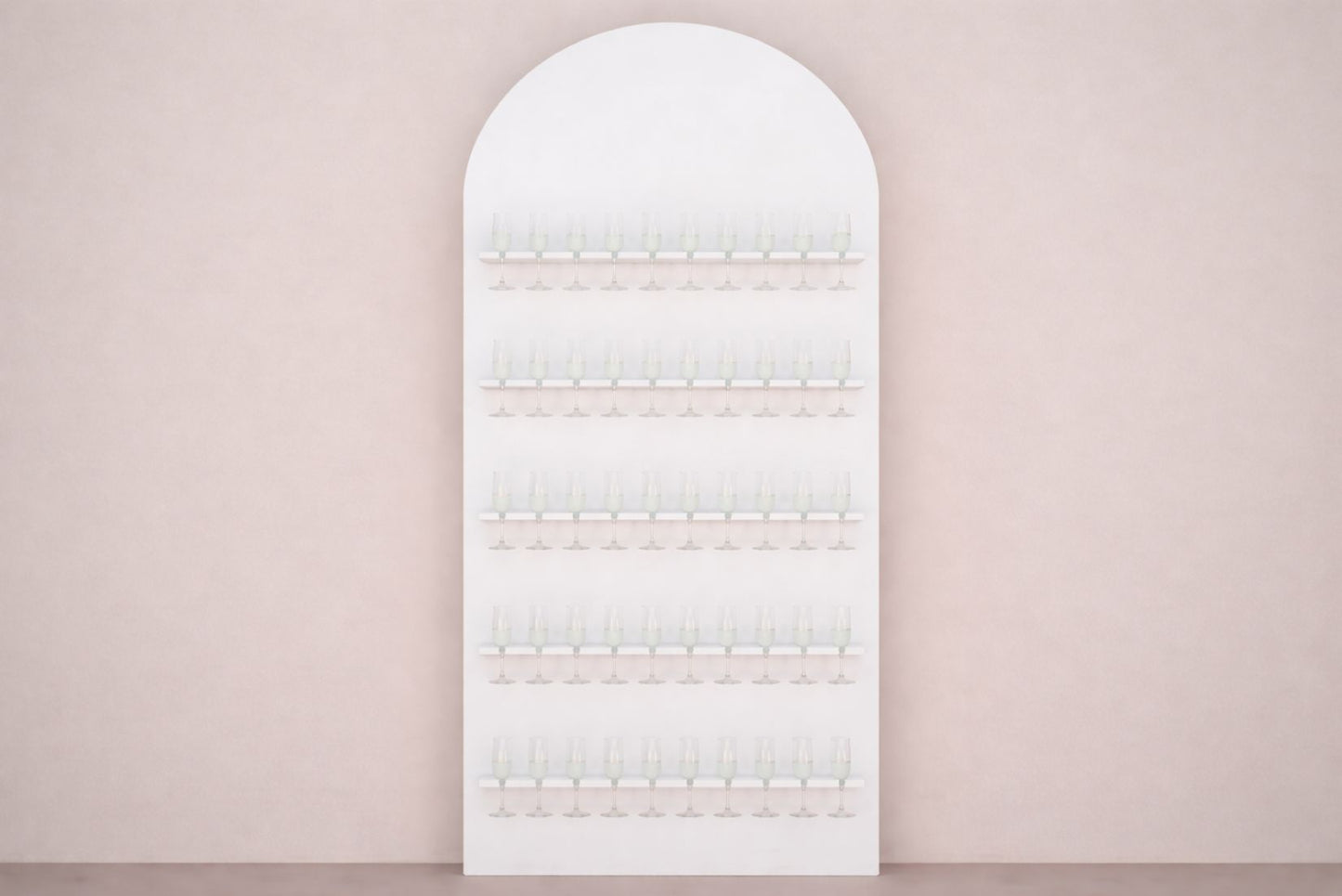 Arched white champagne wall on a light pink wall