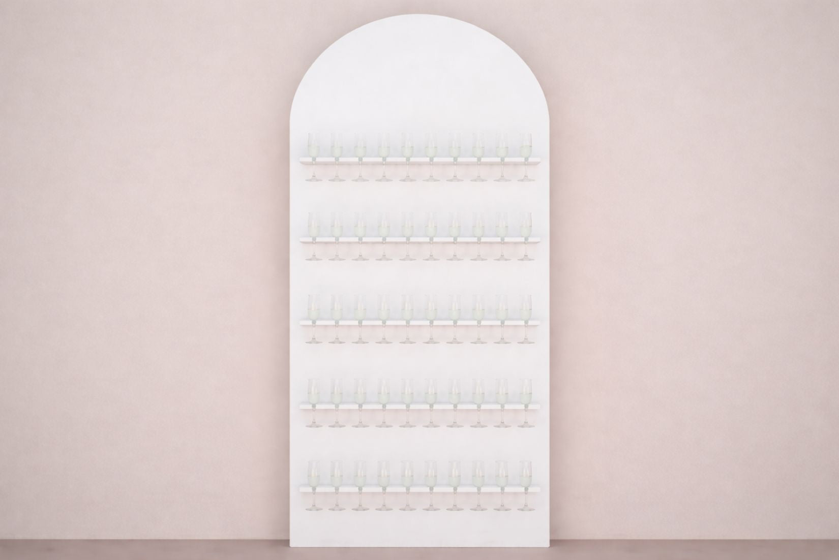 Arched white champagne wall on a light pink wall