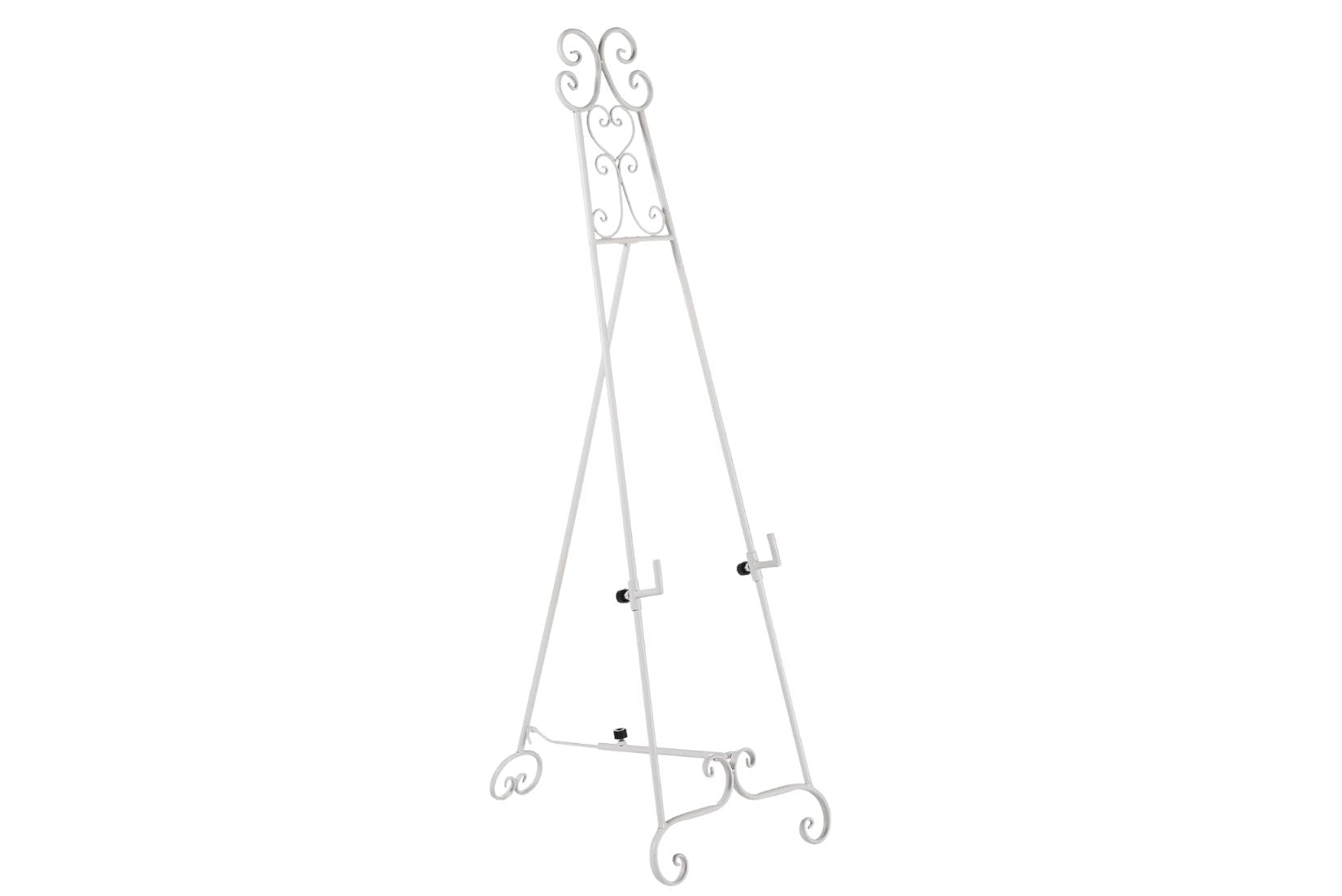 Side profile of a white easel on a white background