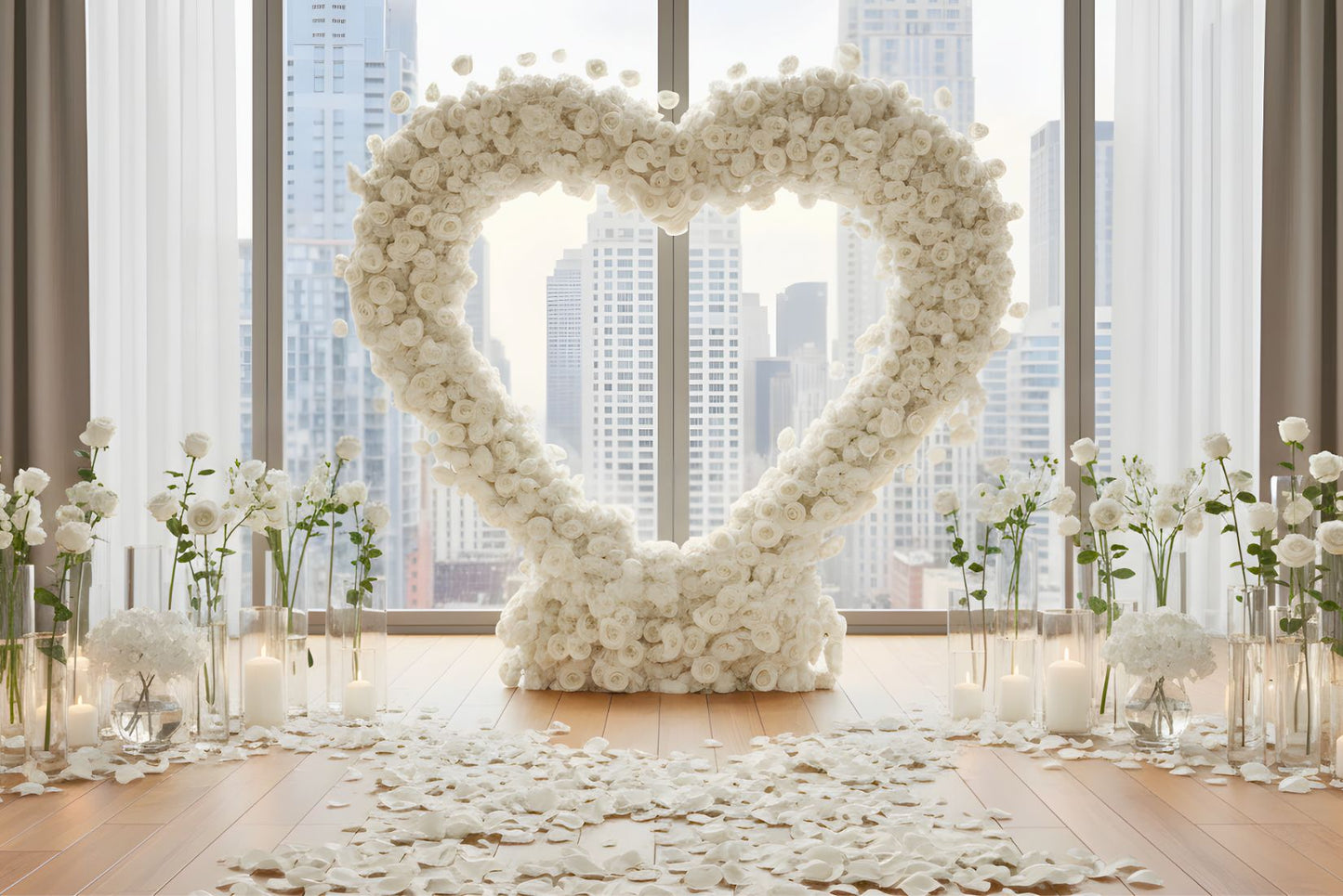 White heart-shaped floral arrangement with 'Will you marry me?' message, surrounded by white flower, petals and candles.