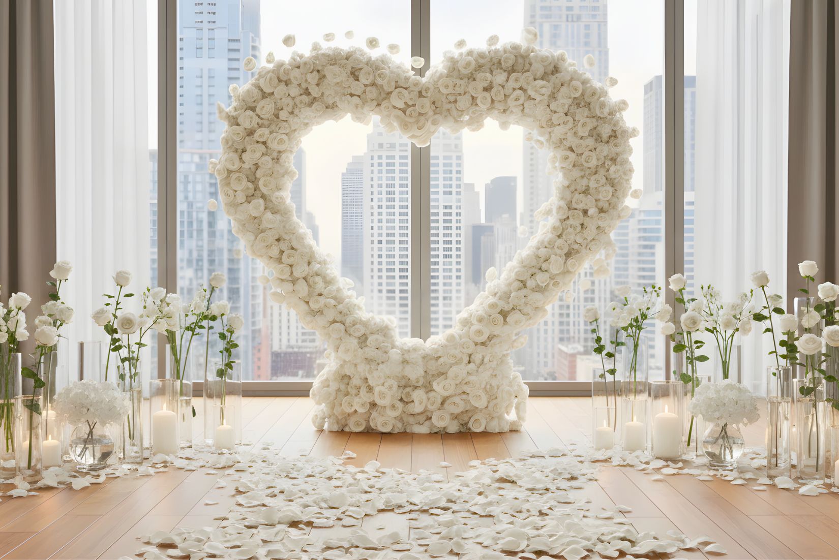 White heart-shaped floral arrangement with 'Will you marry me?' message, surrounded by white flower, petals and candles.
