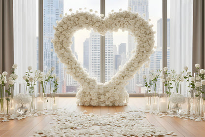 White heart-shaped floral arrangement with 'Will you marry me?' message, surrounded by white flower, petals and candles.
