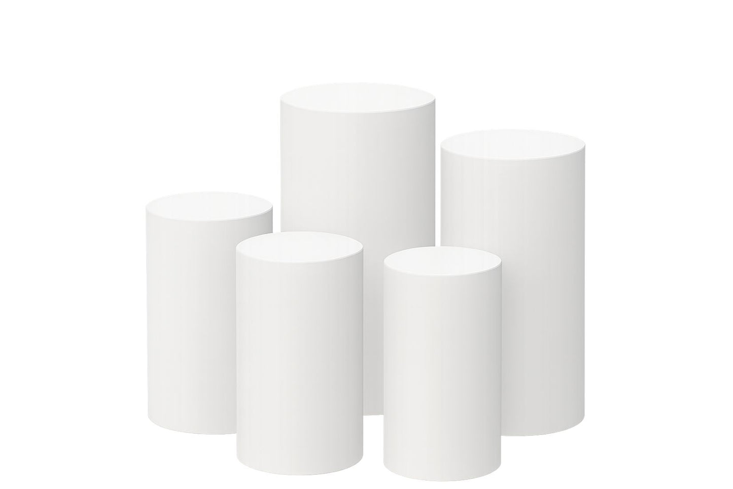 Set of five white cake cylinders on a white background