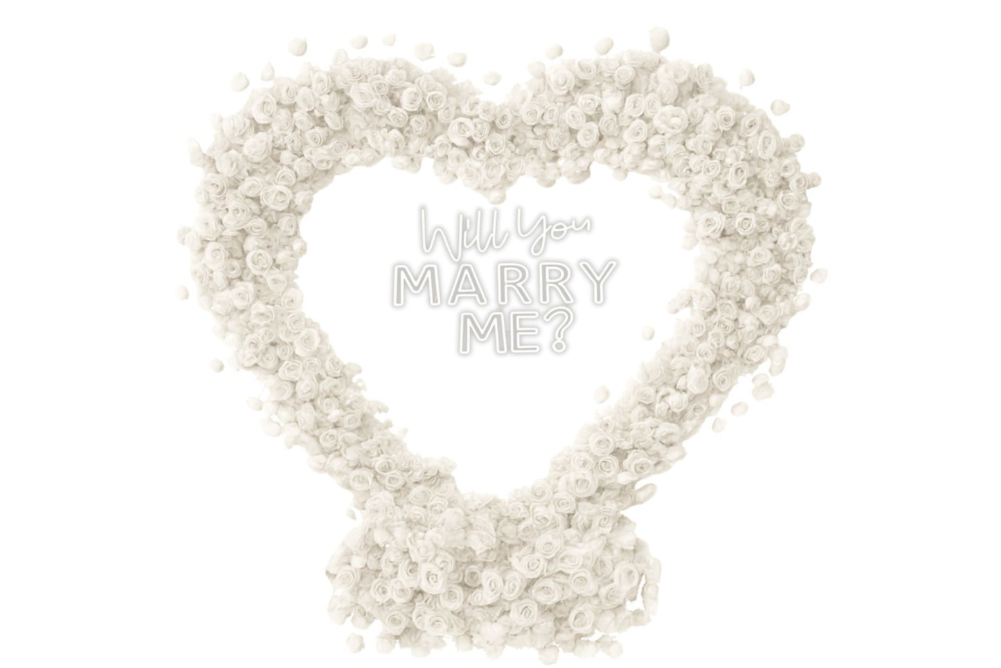 Heart-shaped arrangement of white flowers with 'Will You Marry Me?' text.