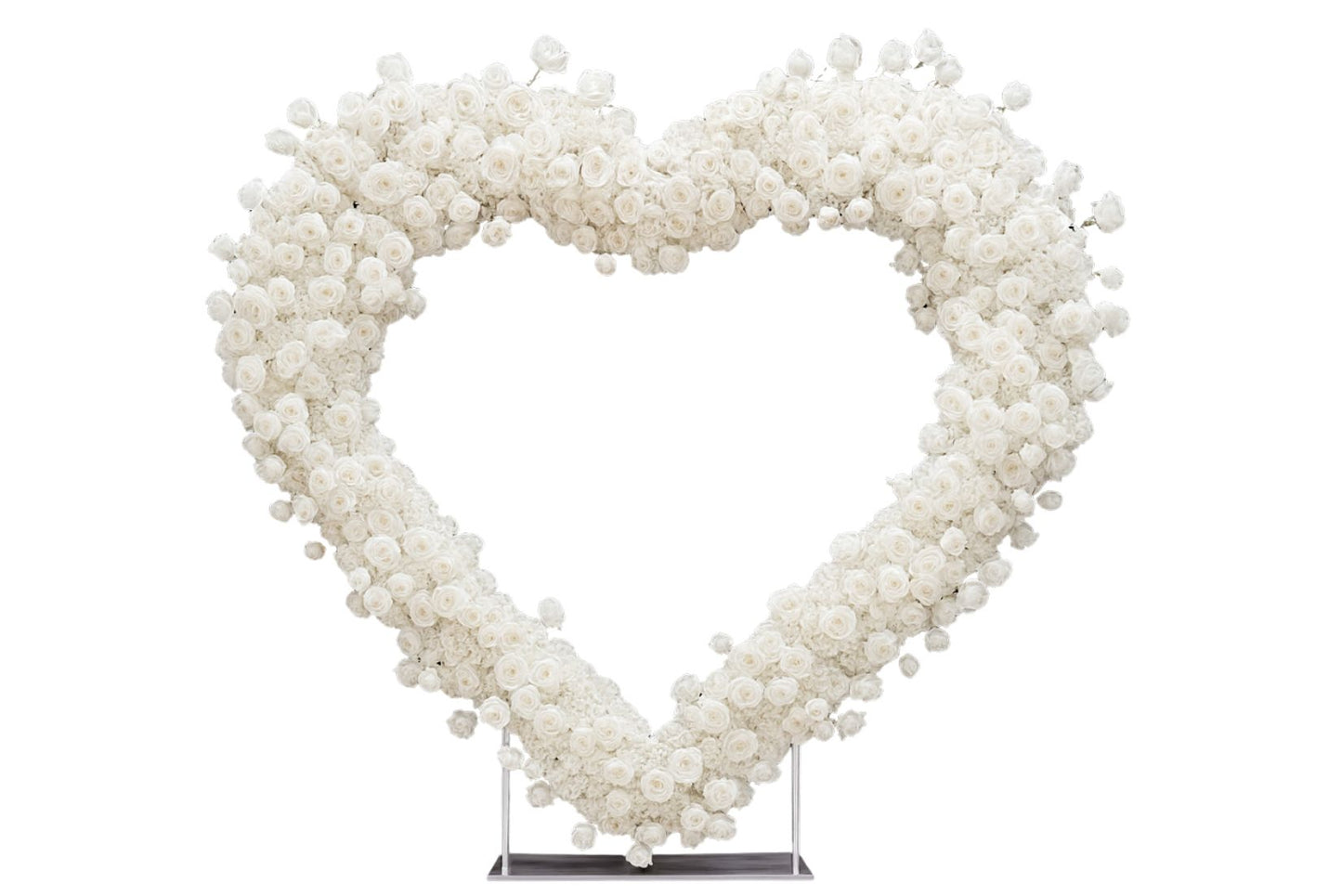 Heart-shaped wreath made of white spherical decorations on a stand against a white background
