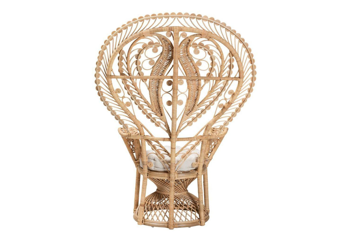 Back view of a Wicker peacock chair with white cushion.