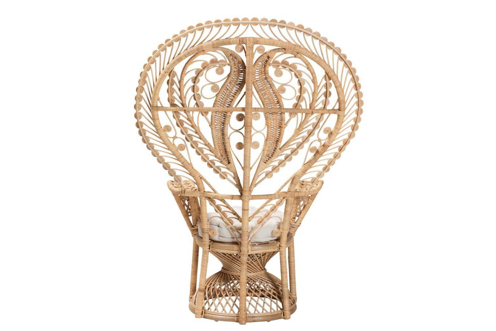 Back view of a Wicker peacock chair with white cushion.