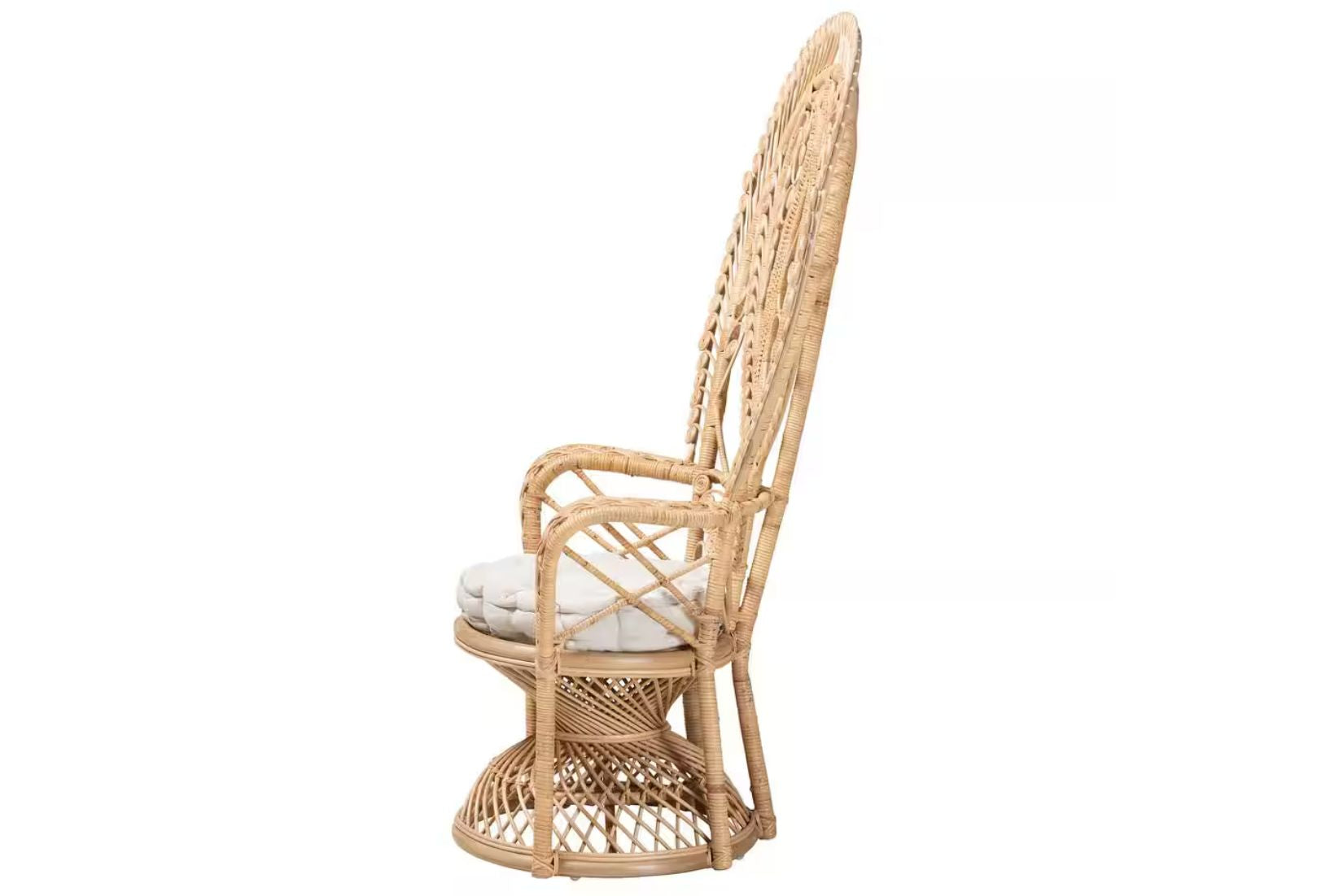 Side view of a Wicker peacock chair with white cushion.