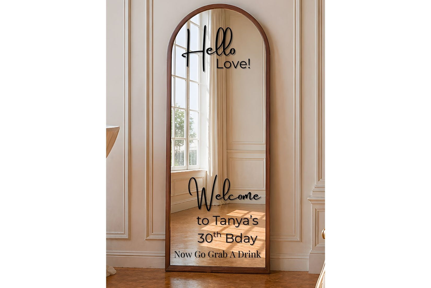 Brown mirror with custom text for birthday party