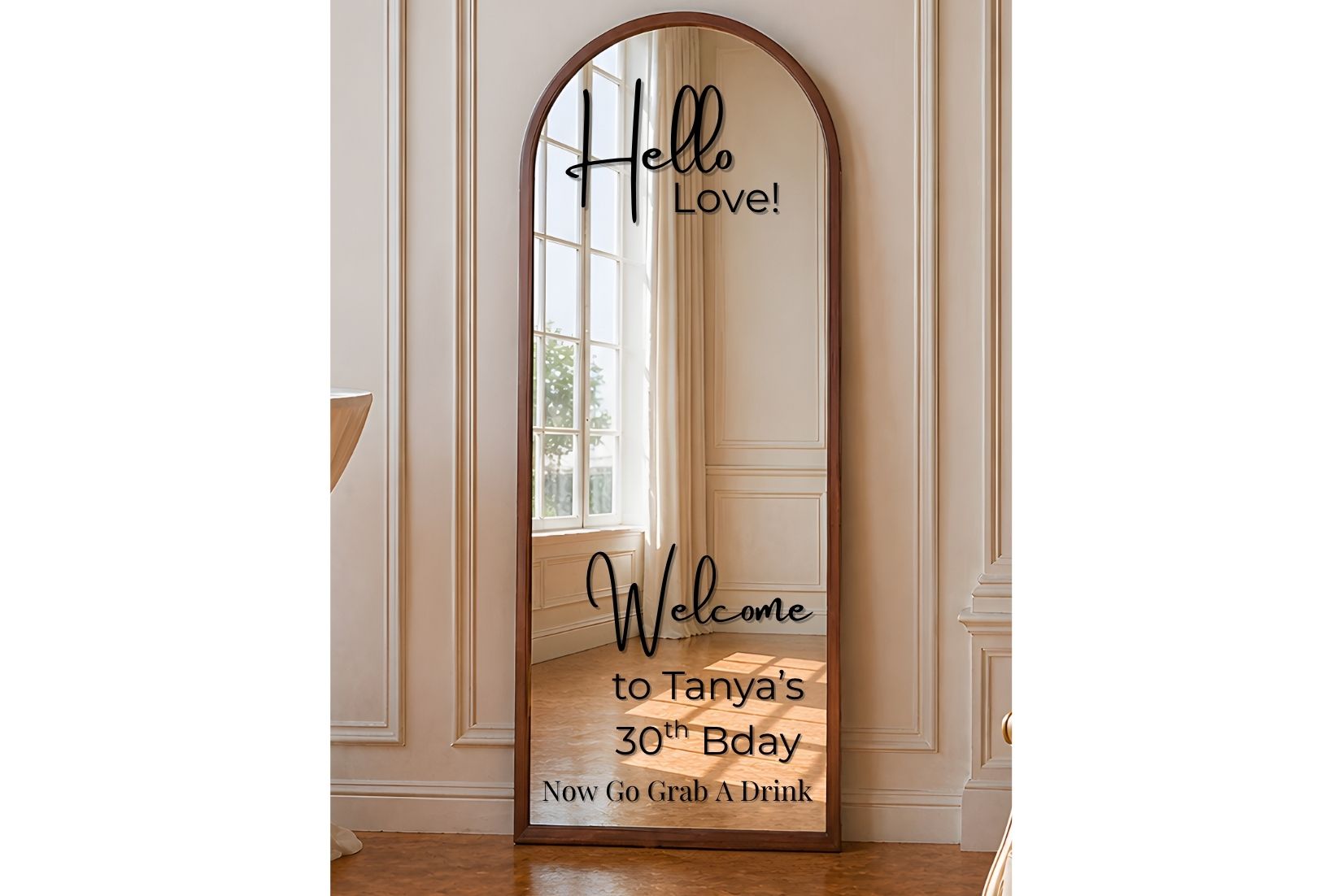Brown mirror with custom text for birthday party