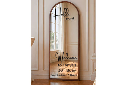 Brown mirror with custom text for birthday party