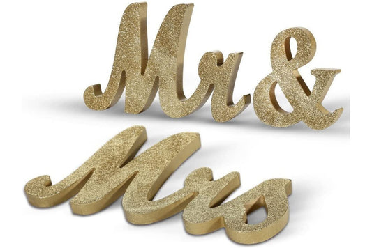 mr and mrs gold glitter table decoration rental