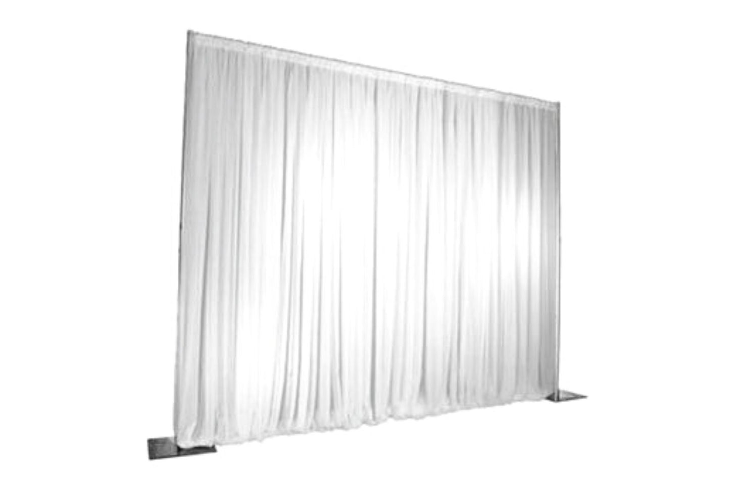 Pipe and drape rental including uprights and crossbars. Perfect for a wedding backdrop or tradeshow booth.